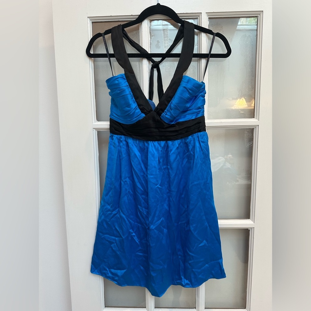 Vintage Betsey Johnson Y2K Babydoll 100% Silk Blue Bow Tie Mini Dress Size 2 XS
